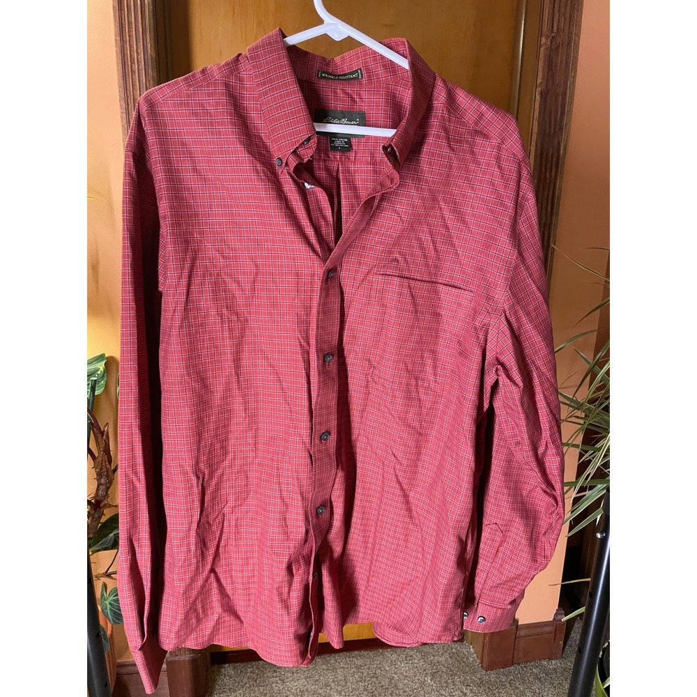 Eddie Bauer Mens Red Grid Wrinkle Resistant Button Down Shirt Large Heritage